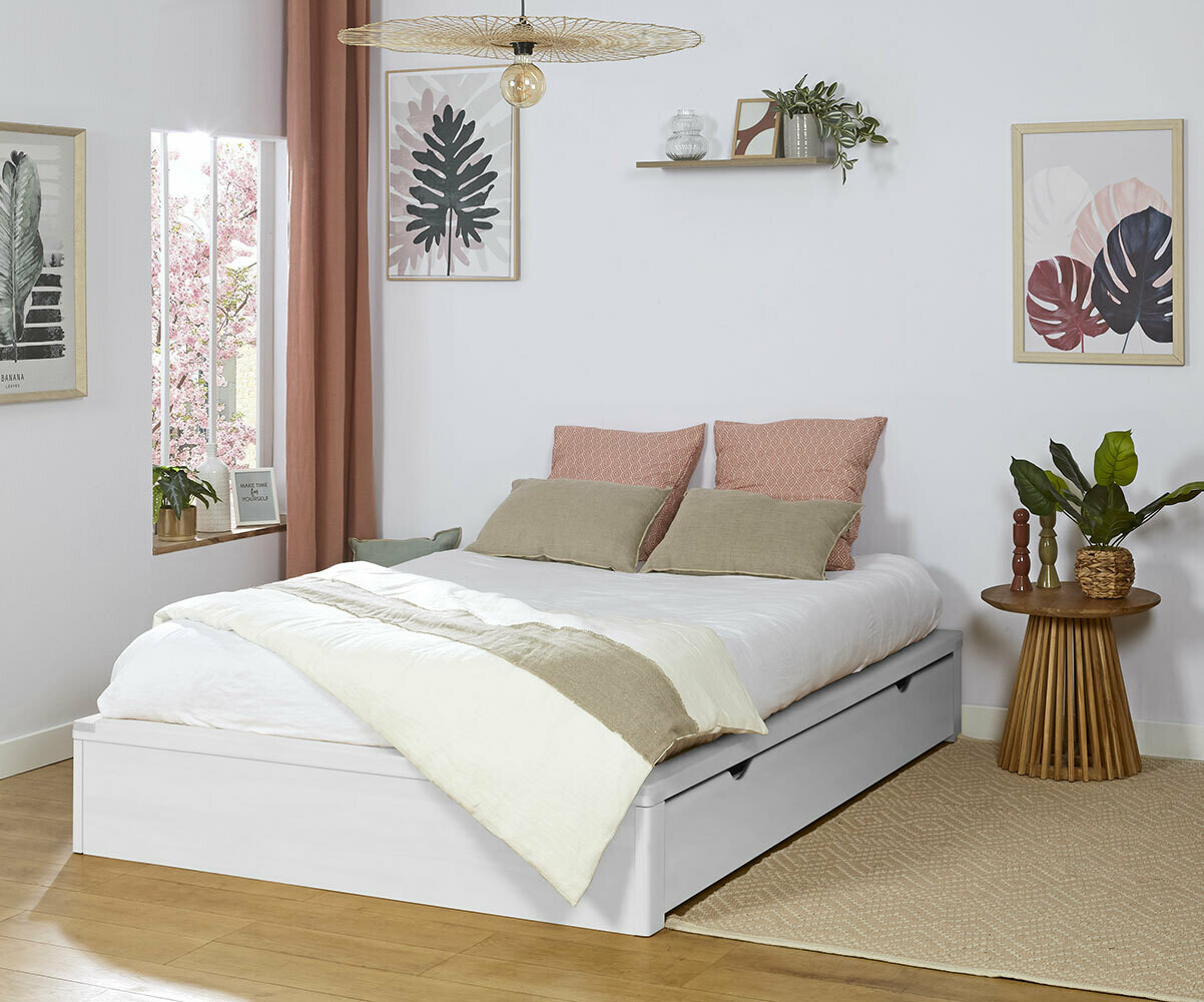 Lit adulte avec sommier et matelas Uma Blanc 140x200 cm/Opt:Matelas Maelia 21 cm