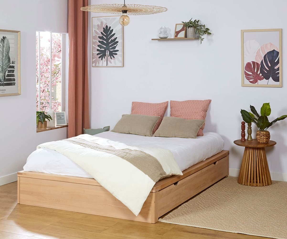 Lit ado avec sommier et matelas Uma Bois naturel 140x200 cm/Opt:Matelas Maelia 21 cm
