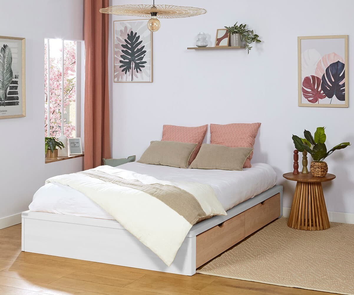 Lit ado avec sommier et tiroir Uma Blanc et bois 140x200 cm/Opt:2 tiroirs