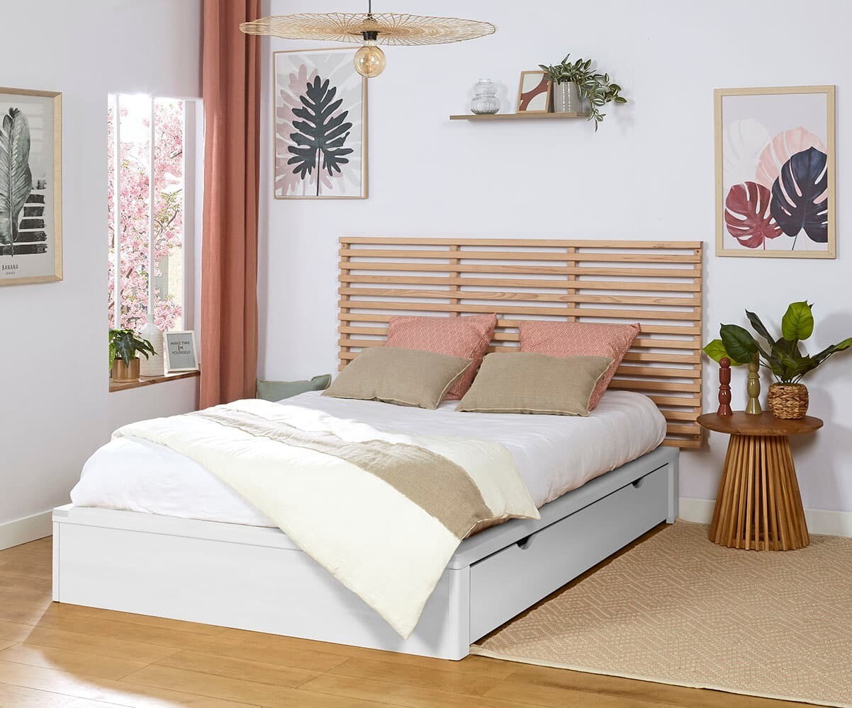 Lit ado avec sommier Uma et tête de lit Elvy Blanc et bois 120x200 cm