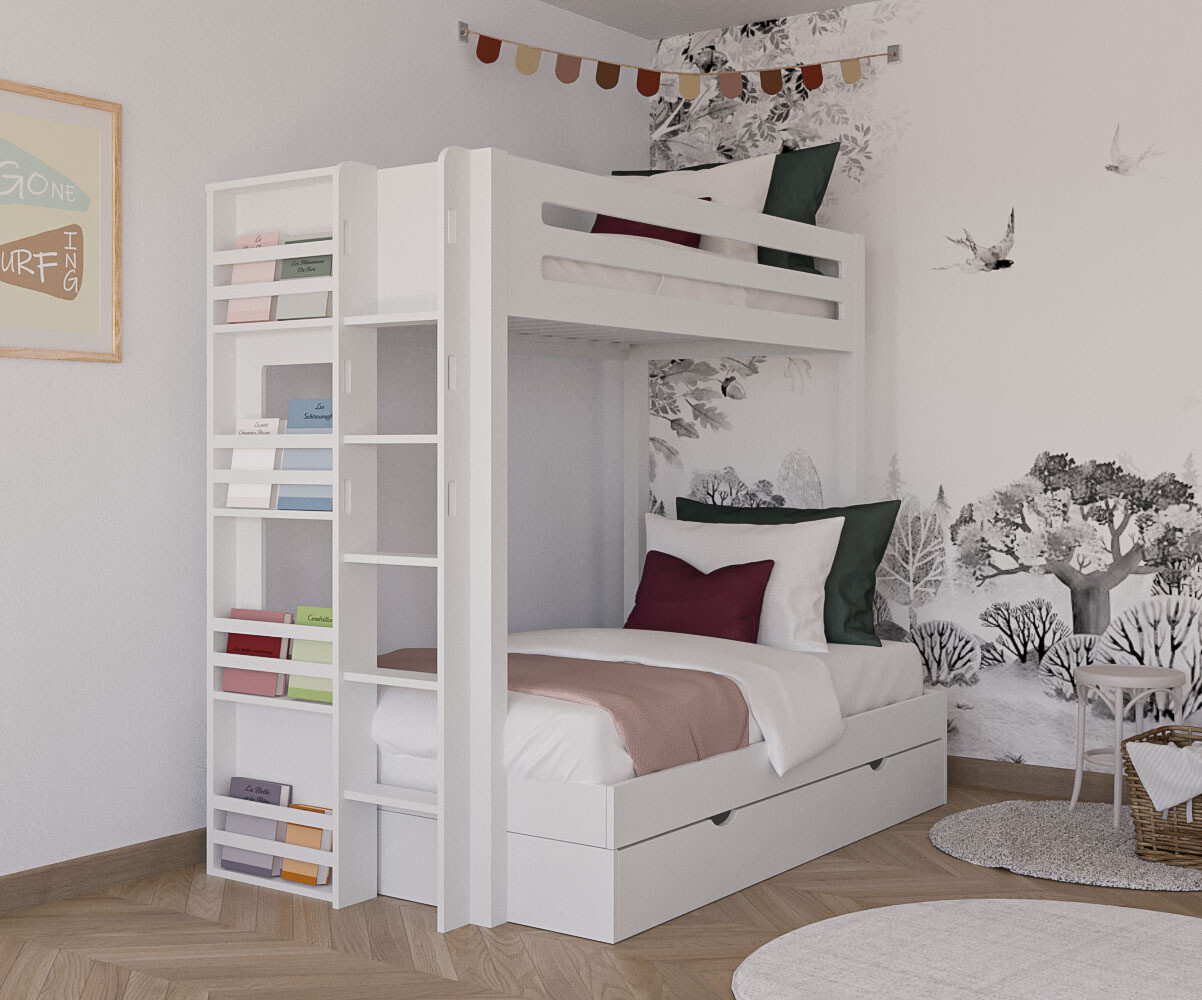 Lit superposé enfant avec 2 matelas Burton Blanc 90-120x190 cm