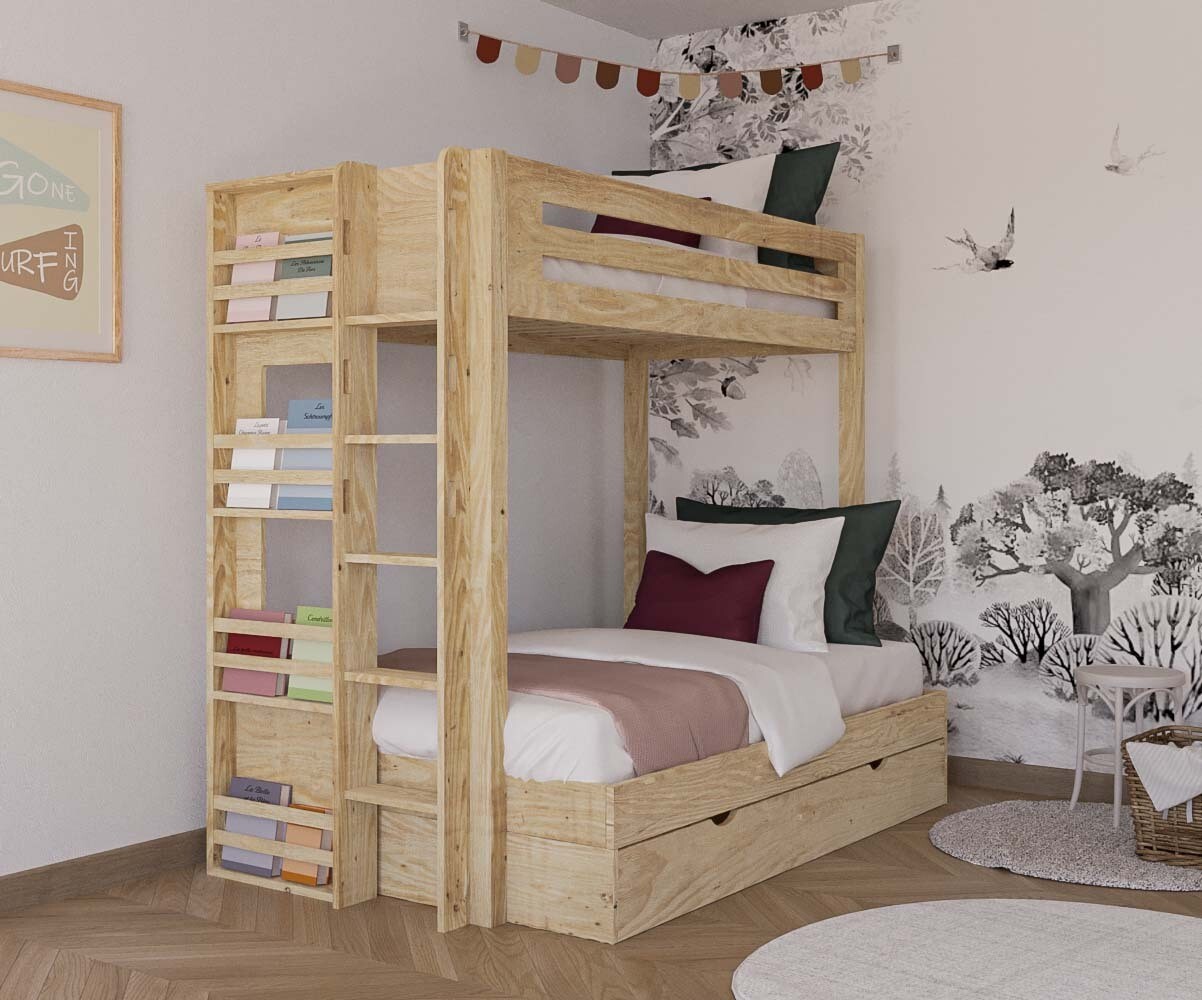 Lit superposé enfant 4 couchages Burton Bois naturel 90-120x190 cm/Opt:Sommier gigogne 70x190 cm