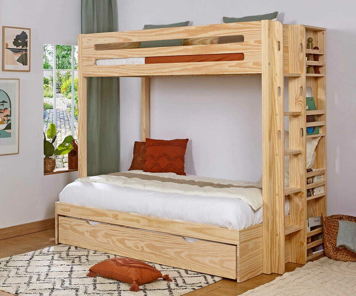 Lit superposé gigogne adulte 3 places Burton Bois naturel 90-120x190 cm/Opt:Sommier gigogne 80x190 cm
