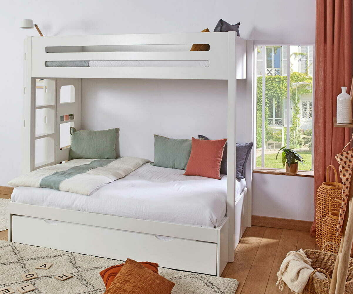 Lit superposé gigogne adulte 3 places Burton Blanc 90-120x190 cm/Opt:Sommier gigogne 80x190 cm