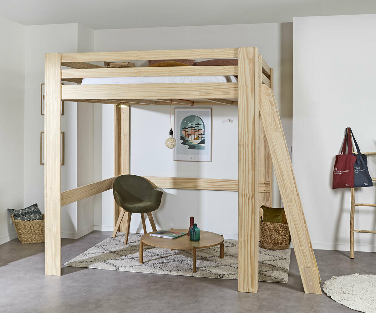 Lit mezzanine enfant évolutif en hauteur Maverick Bois naturel 200x200 cm