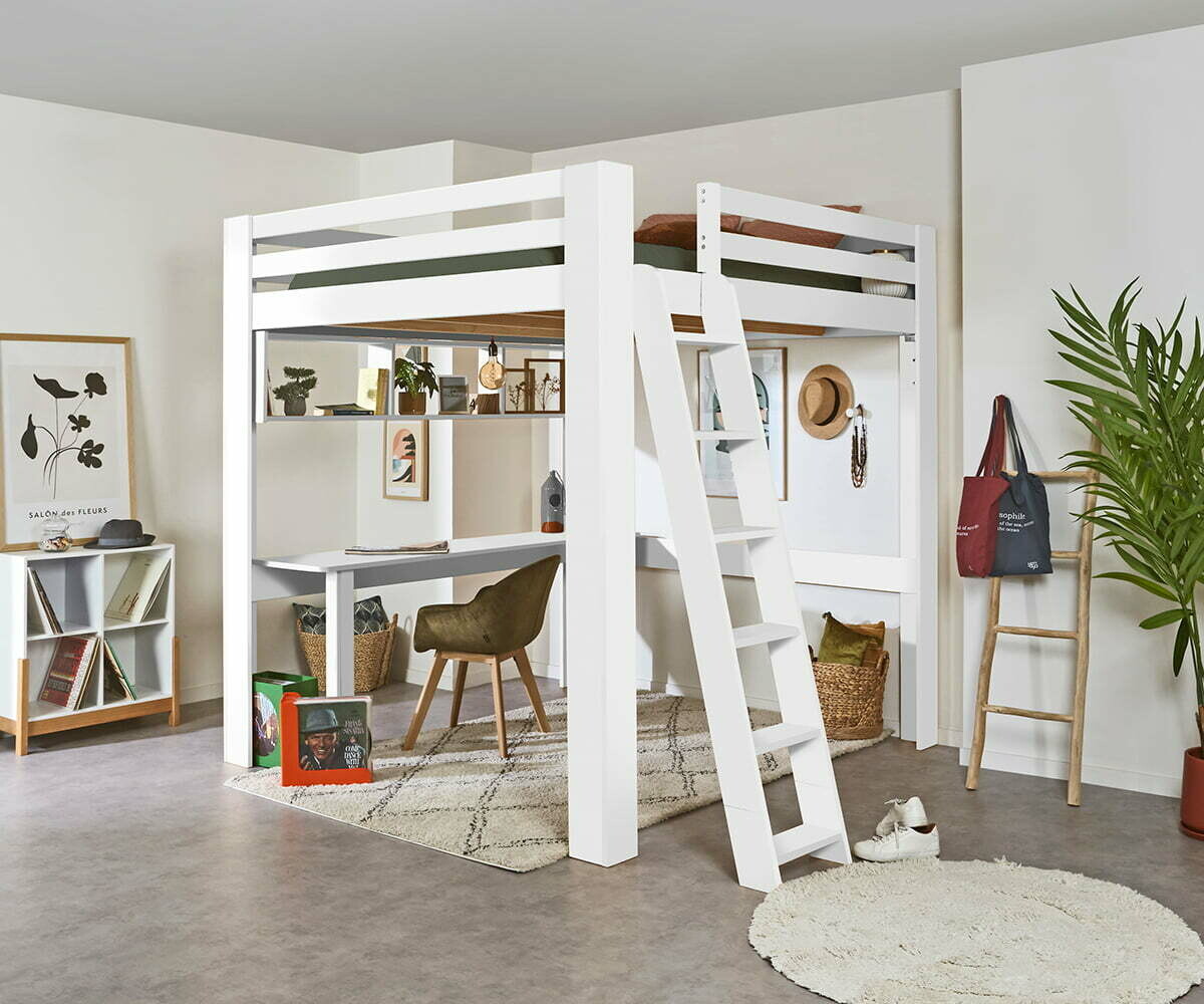 Lit Mezzanine Enfant 140x200 Avec Escalier Rangement - Cadre Bois Massif, Version Haute, Barrière De Sécurité - Capacité 120 Kg