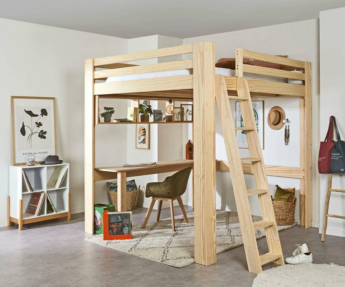 Lit mezzanine enfant évolutif en hauteur avec bureau Maverick Bois naturel 200x200 cm