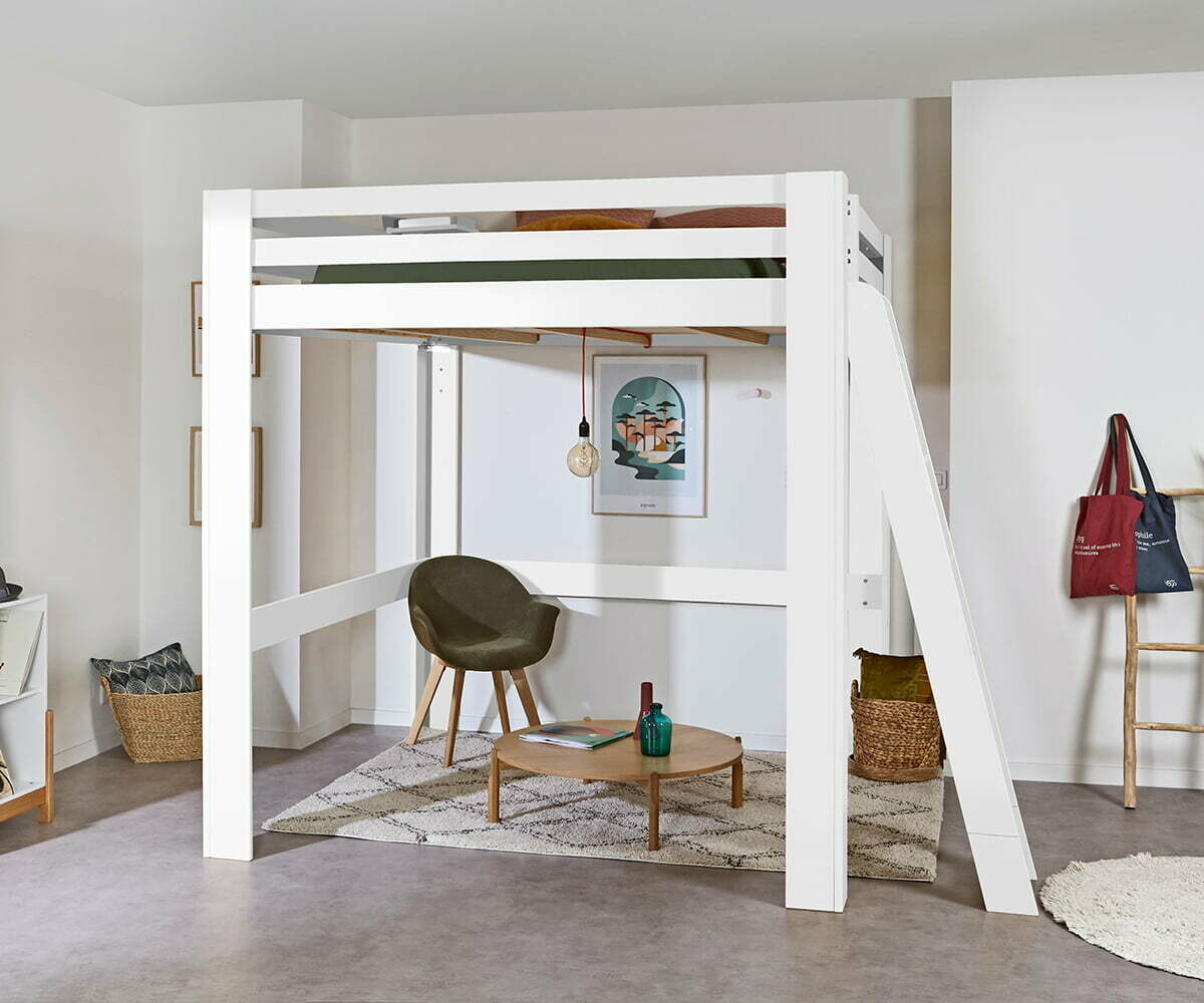 Lit mezzanine enfant évolutif en hauteur avec matelas Maverick Blanc 200x200 cm/Opt:Matelas Airfresh 120x200 cm