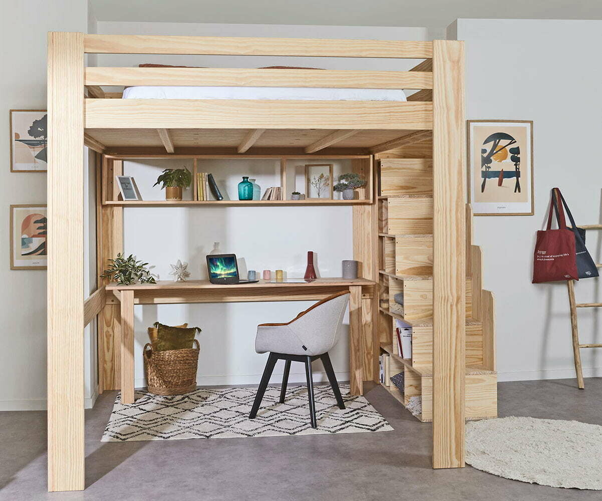 Lit mezzanine enfant évolutif en hauteur avec escalier et bureau Maverick Bois naturel 200x200 cm