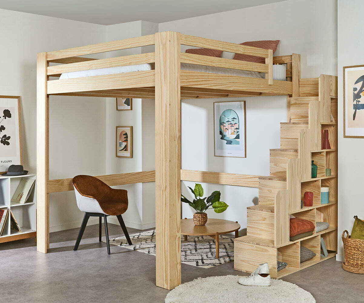 Lit mezzanine enfant évolutif en hauteur avec escalier et matelas Maverick Bois naturel 200x200 cm/Opt:Matelas Airfresh 120x200 cm