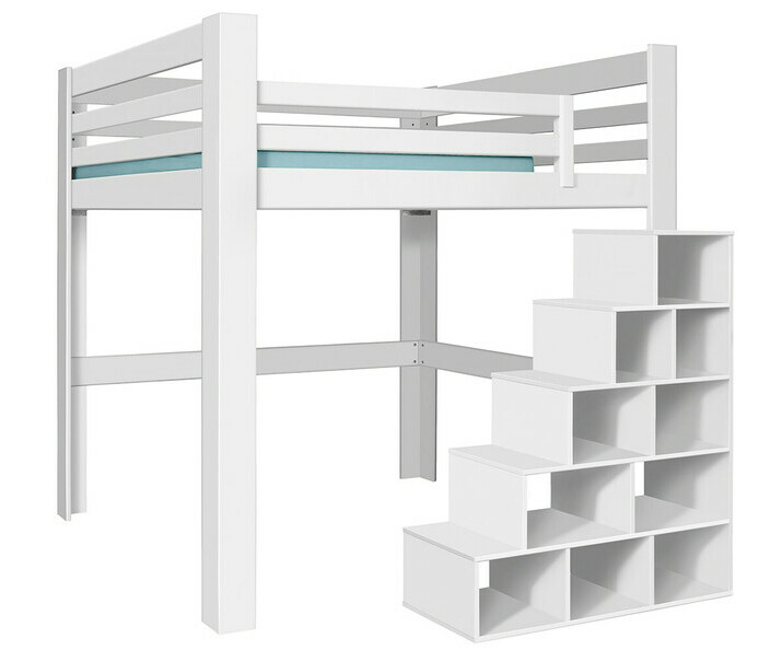 Lit mezzanine blanc 200x200 version basse avec lot de 3 garde corps en option