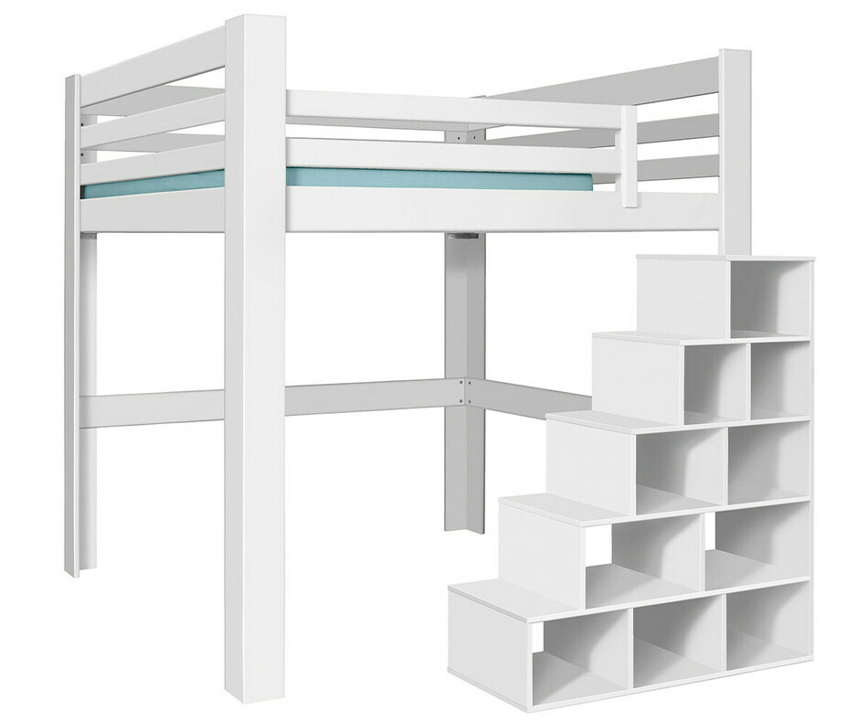 Lit mezzanine blanc 200x200 version basse avec lot de 3 garde corps en option