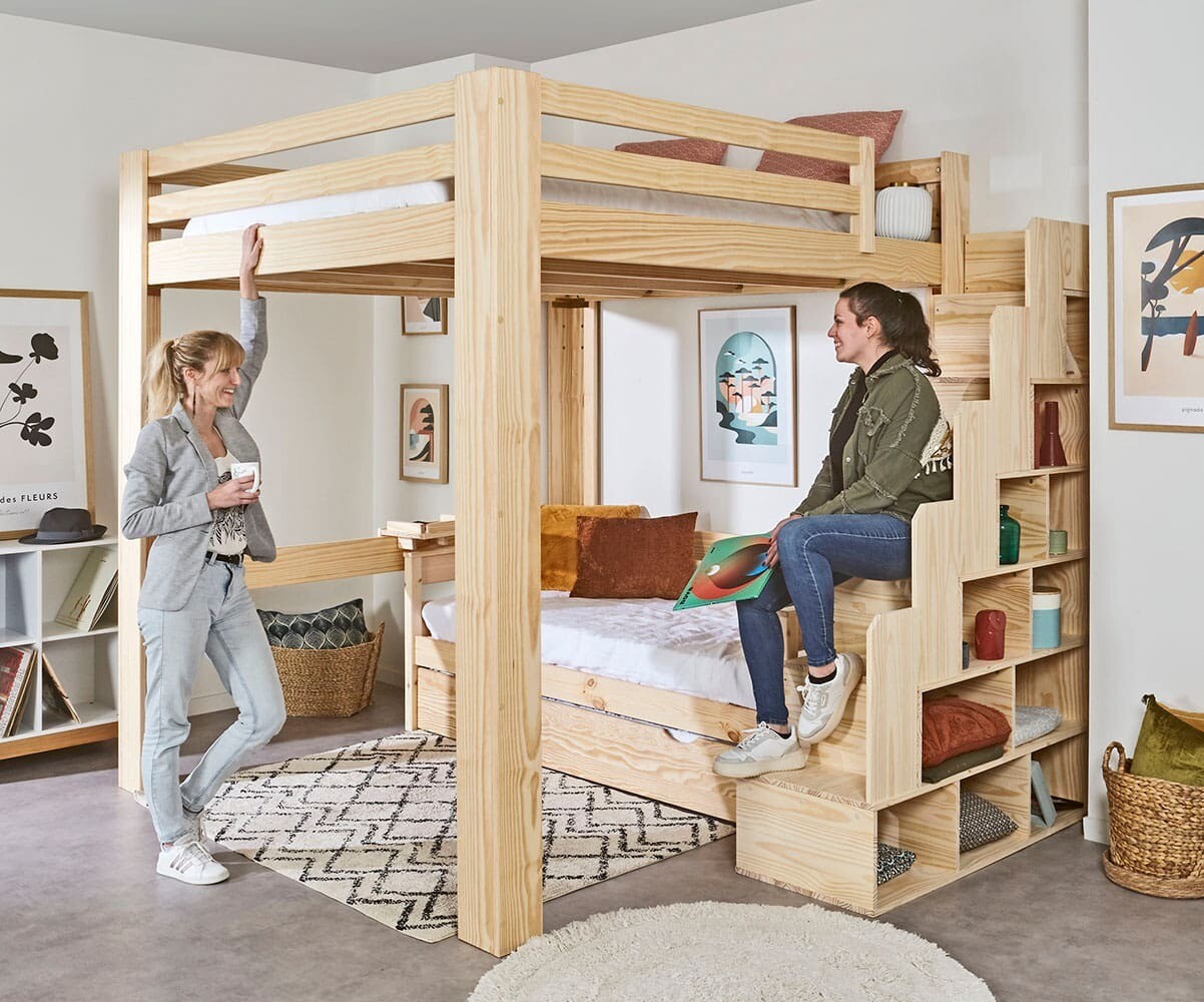 Lit mezzanine ado 200x200 cm avec escalier et matelas Maverick Bois naturel 200x200 cm/Opt:Matelas Airfresh 120x200 cm