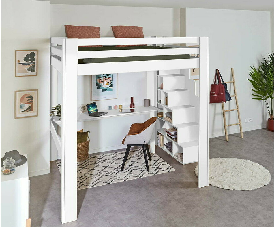 Lit mezzanine escalier 200x200 cm blanc avec bureau en option