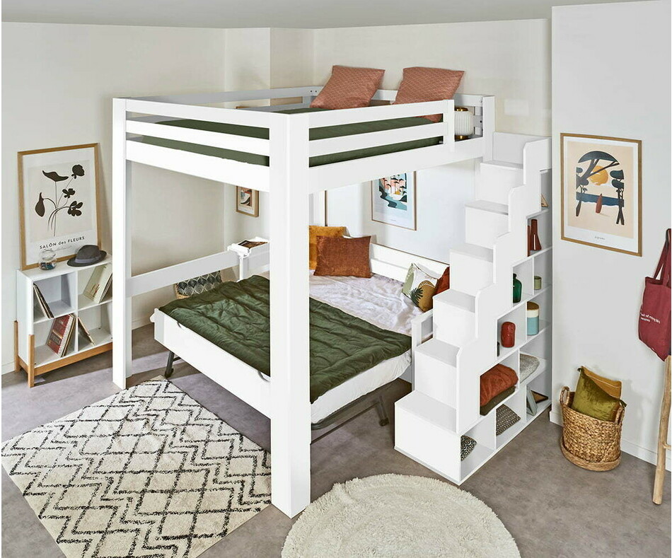 Lit mezzanine escalier blanc avec banquette 2 places en option