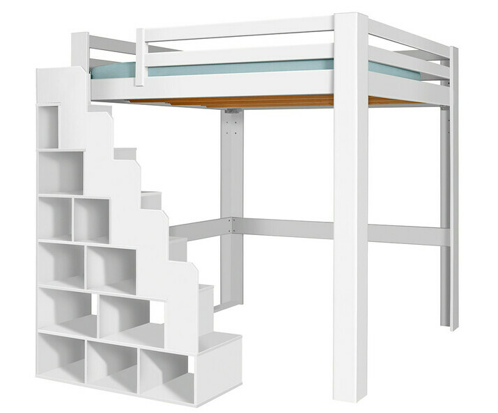 Lit mezzanine blanc 200x200 version haute avec escalier à gauche