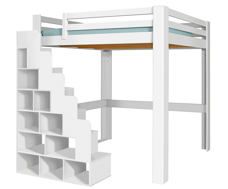 Lit mezzanine blanc 200x200 version haute avec escalier à gauche