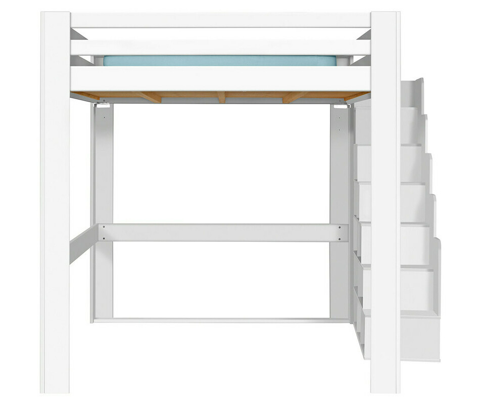Lit mezzanine blanc 200x200 version haute de face avec escalier à droite