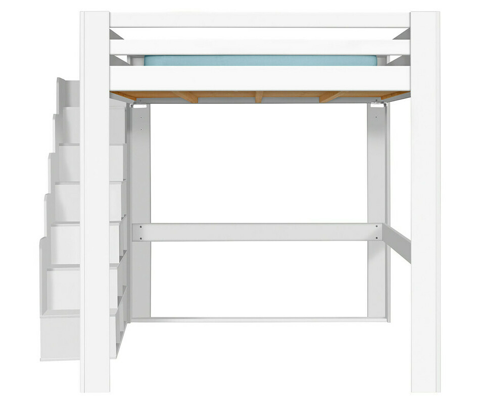 Lit mezzanine blanc 200x200 version haute de face avec escalier à gauche