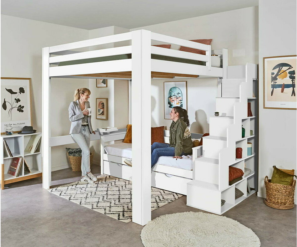 Lit mezzanine escalier 200x200 cm blanc