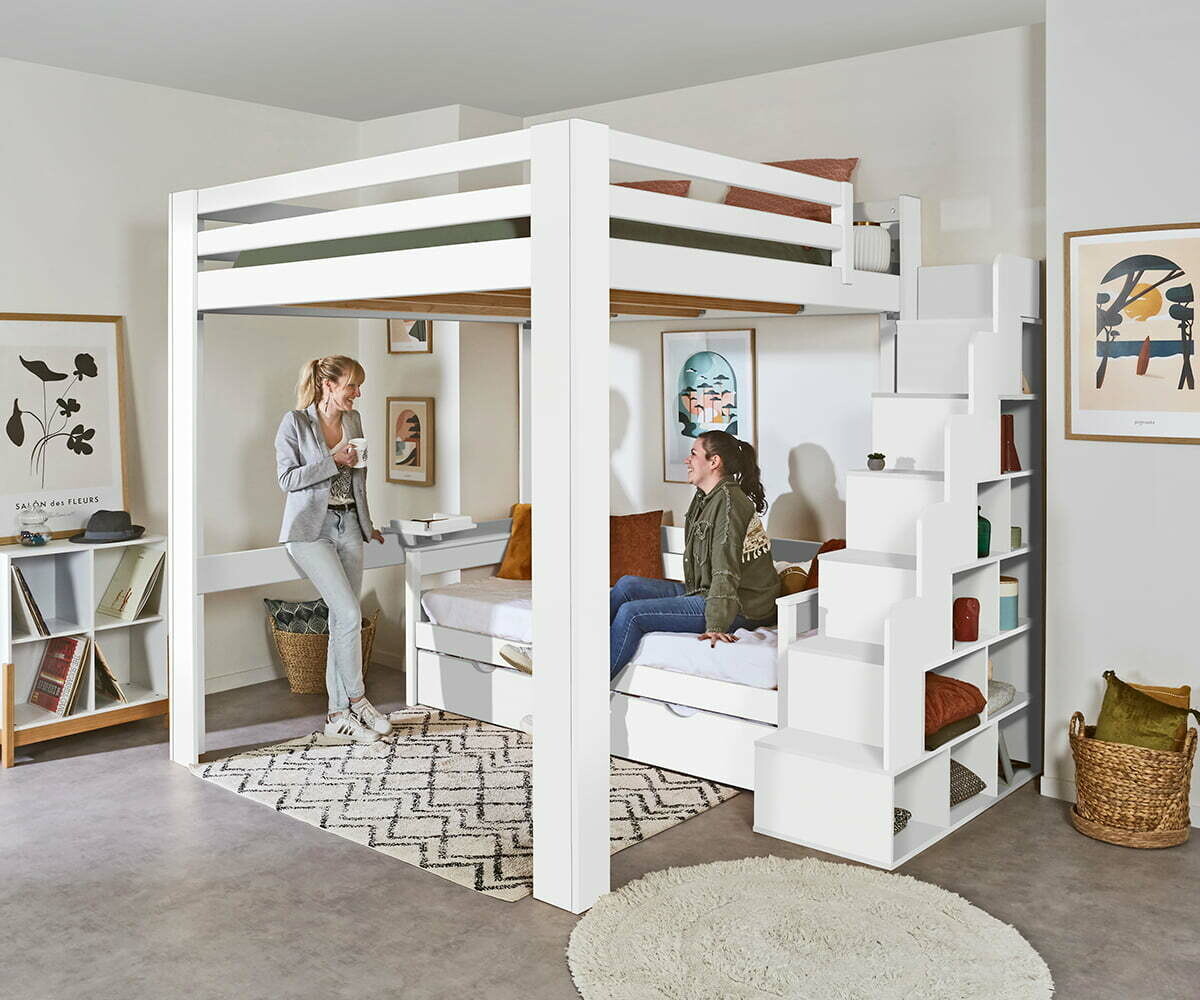 Lit mezzanine king size avec escalier Maverick Blanc 200x200 cm