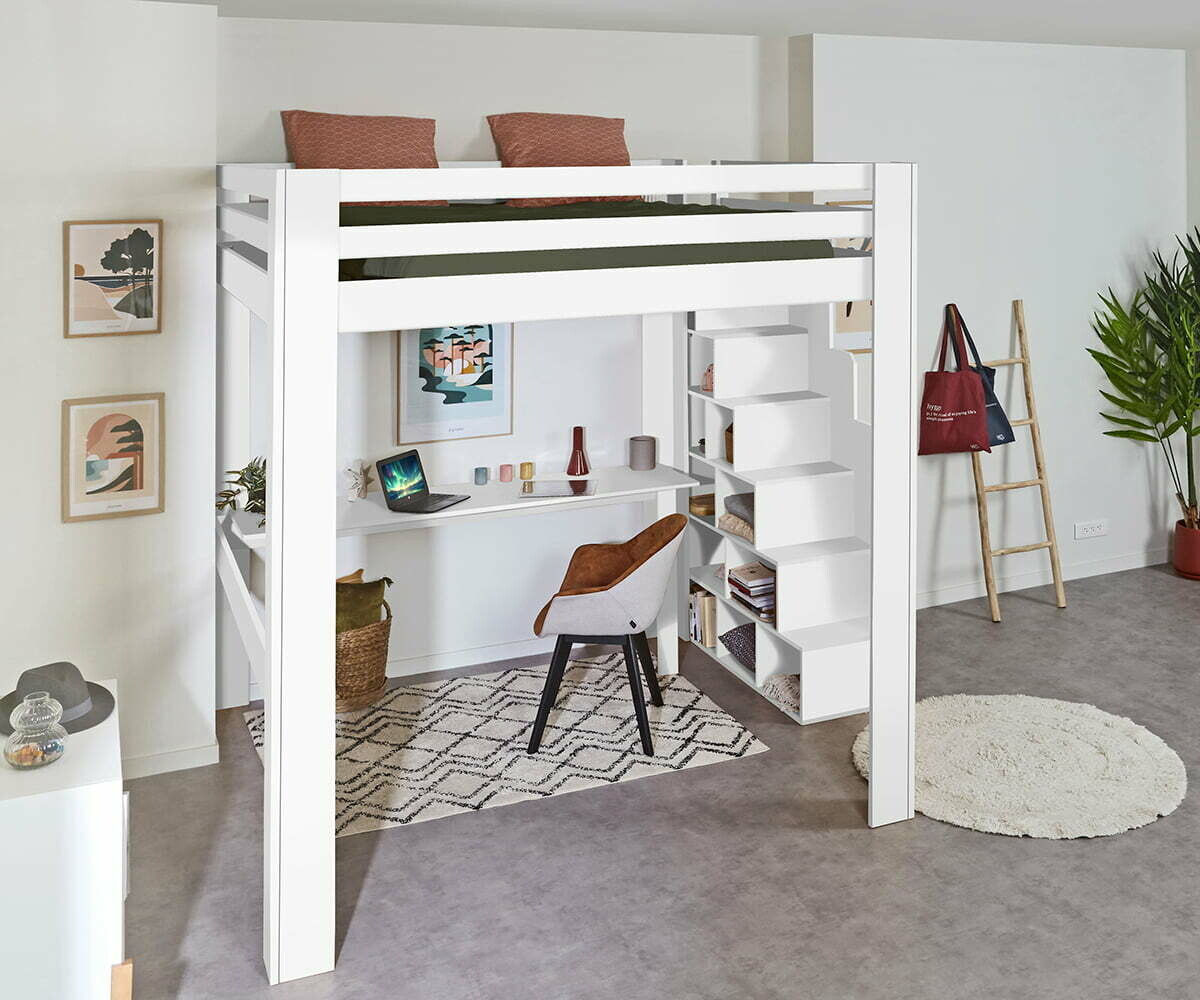 Lit mezzanine king size avec escalier et bureau Maverick Blanc 200x200 cm