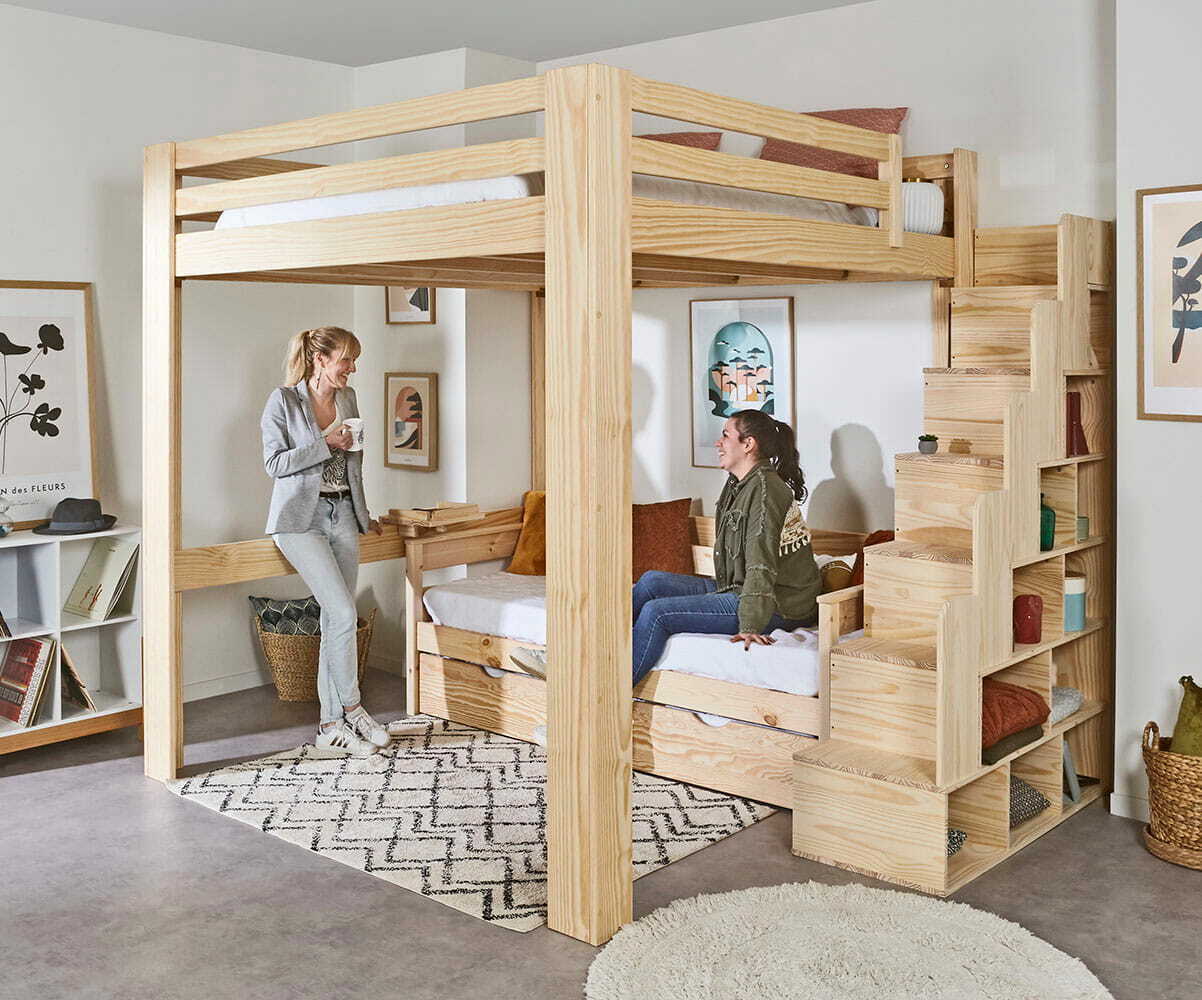 Lit mezzanine king size avec escalier et matelas Maverick Bois naturel 200x200 cm/Opt:Matelas Airfresh 140x200 cm