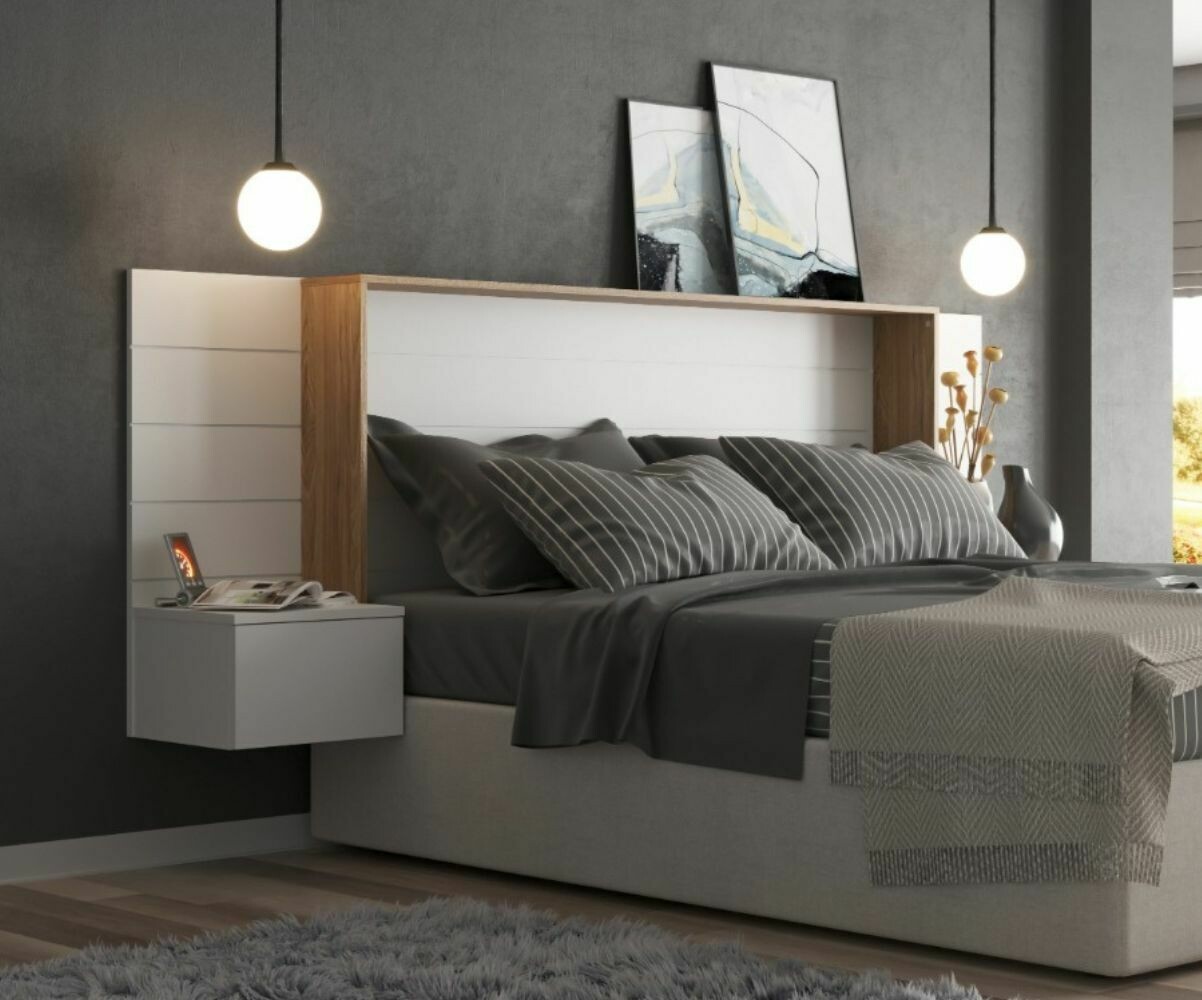 Tête de lit adulte avec chevets Fara Blanc et bois 160 cm