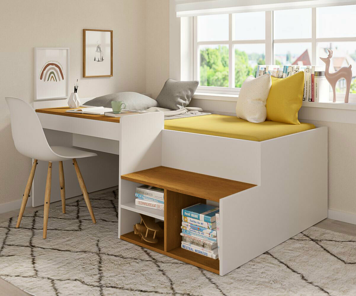 PROMO ! Lit combiné enfant avec bureau Bonnie Blanc et noisette 90x190 cm