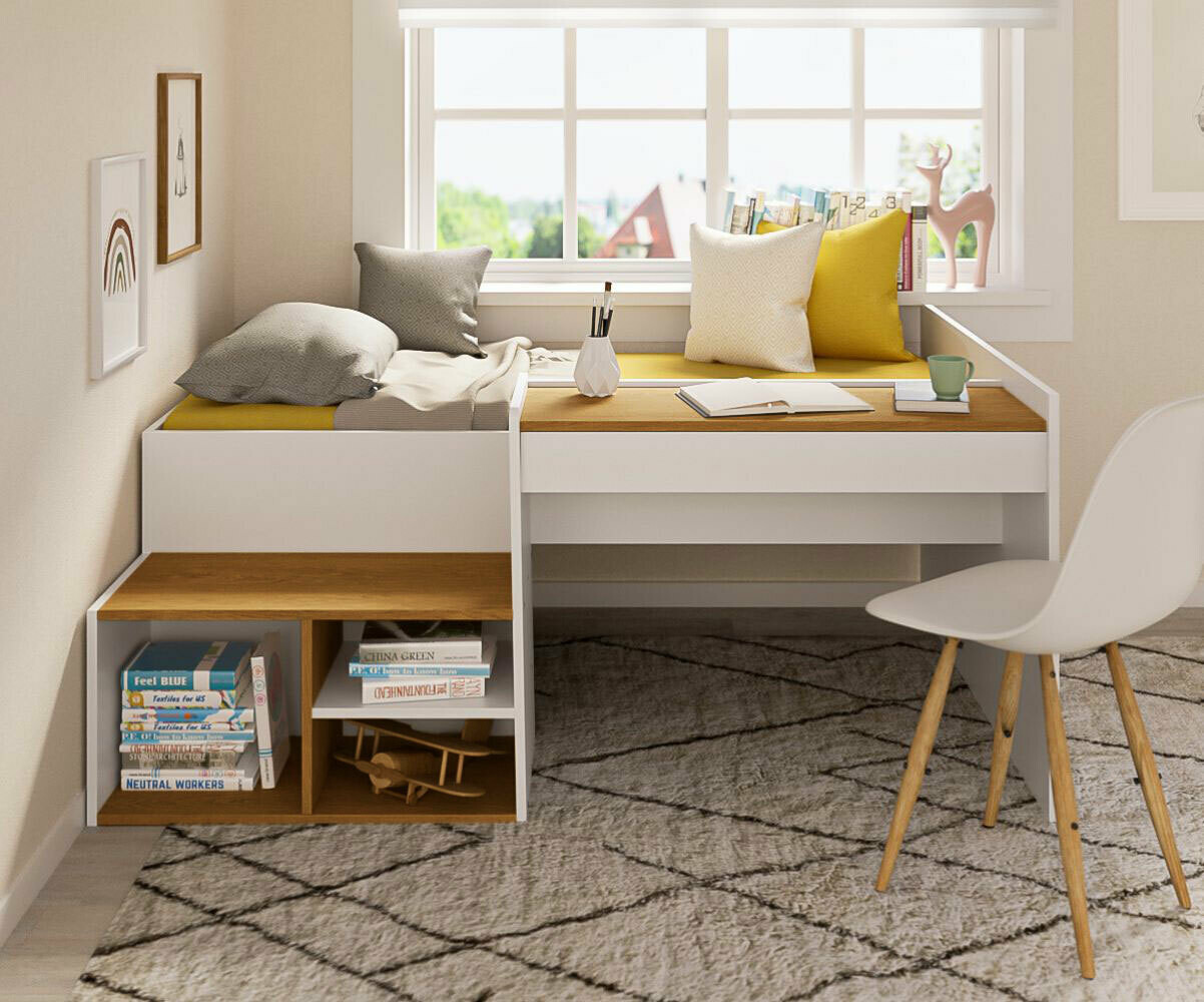 Lit combiné enfant avec bureau et matelas Bonnie Blanc et bois 90x190 cm/Opt:Matelas Airfresh 15 cm