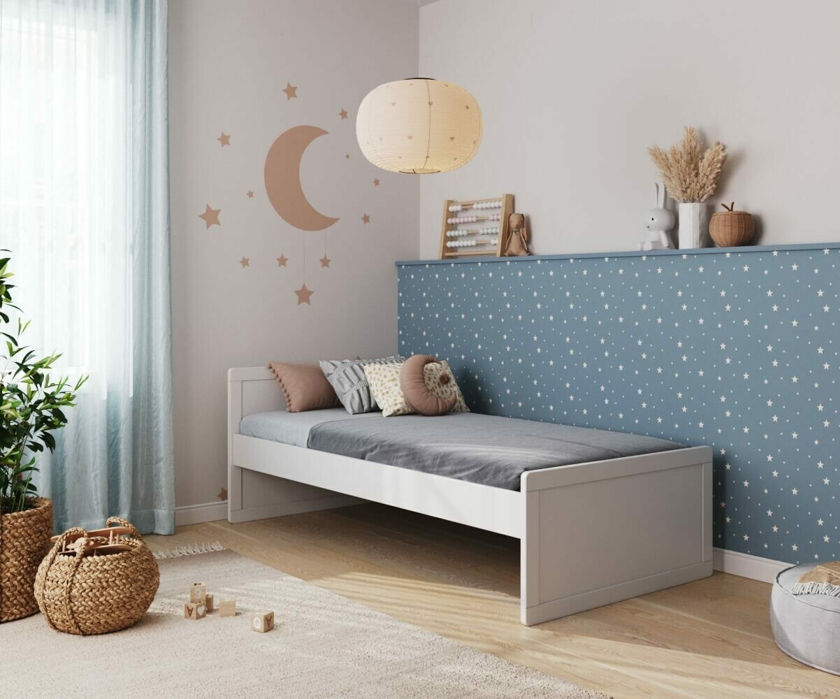 Lit Enfant 90x200 Cm Avec Toit - Bois Massif Pin, Barrière Sécurité, Sommier Lattes, Style Montessori Blanc