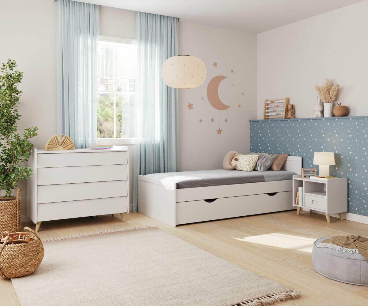 Chambre enfant montessori Foray Blanc 90x190 cm/Opt:Commode 4 tiroirs