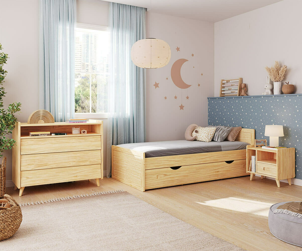 Chambre enfant montessori Foray Bois naturel 90x190 cm/Opt:Commode 3 tiroirs