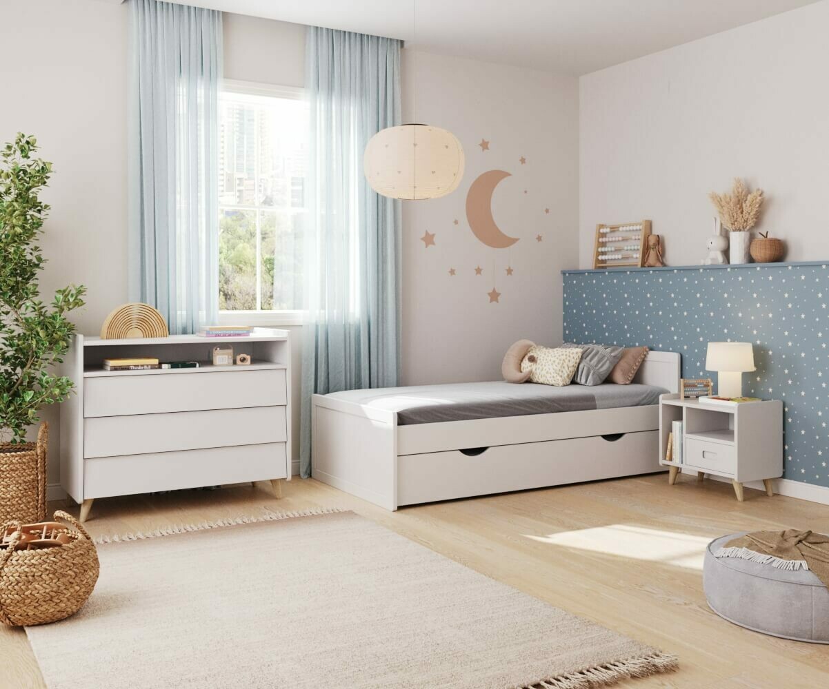 Chambre enfant montessori Foray Blanc 90x190 cm/Opt:Commode 3 tiroirs