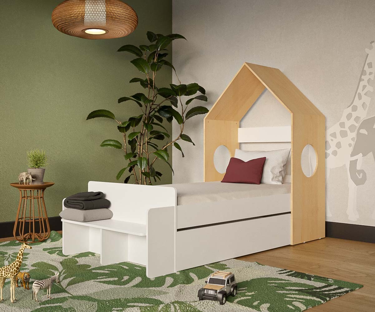 Lit enfant avec tiroir Nyeri Blanc et bois 90x190 cm