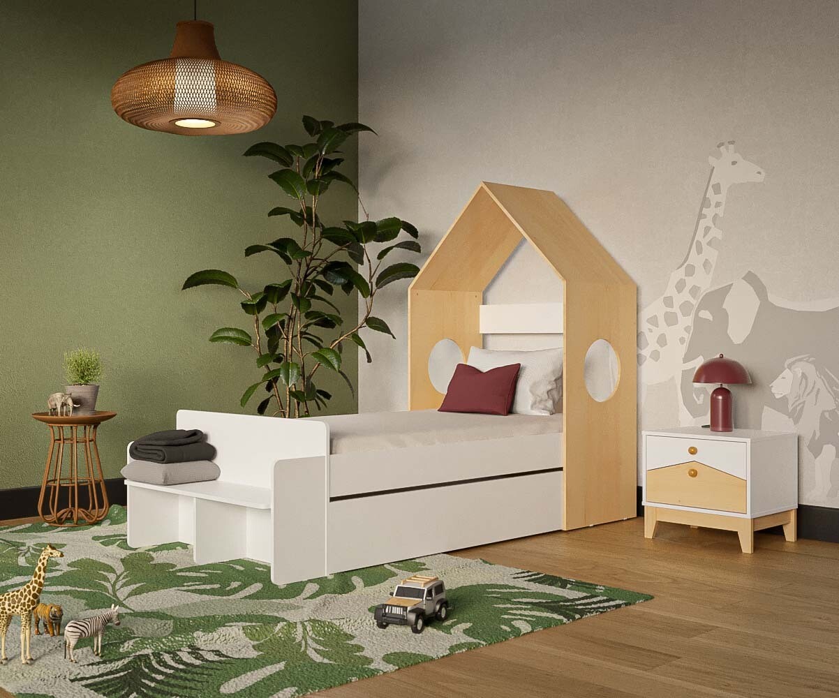 Lit enfant avec tiroir et matelas Nyeri Blanc et bois 90x190 cm/Opt:Matelas Airfresh 15 cm