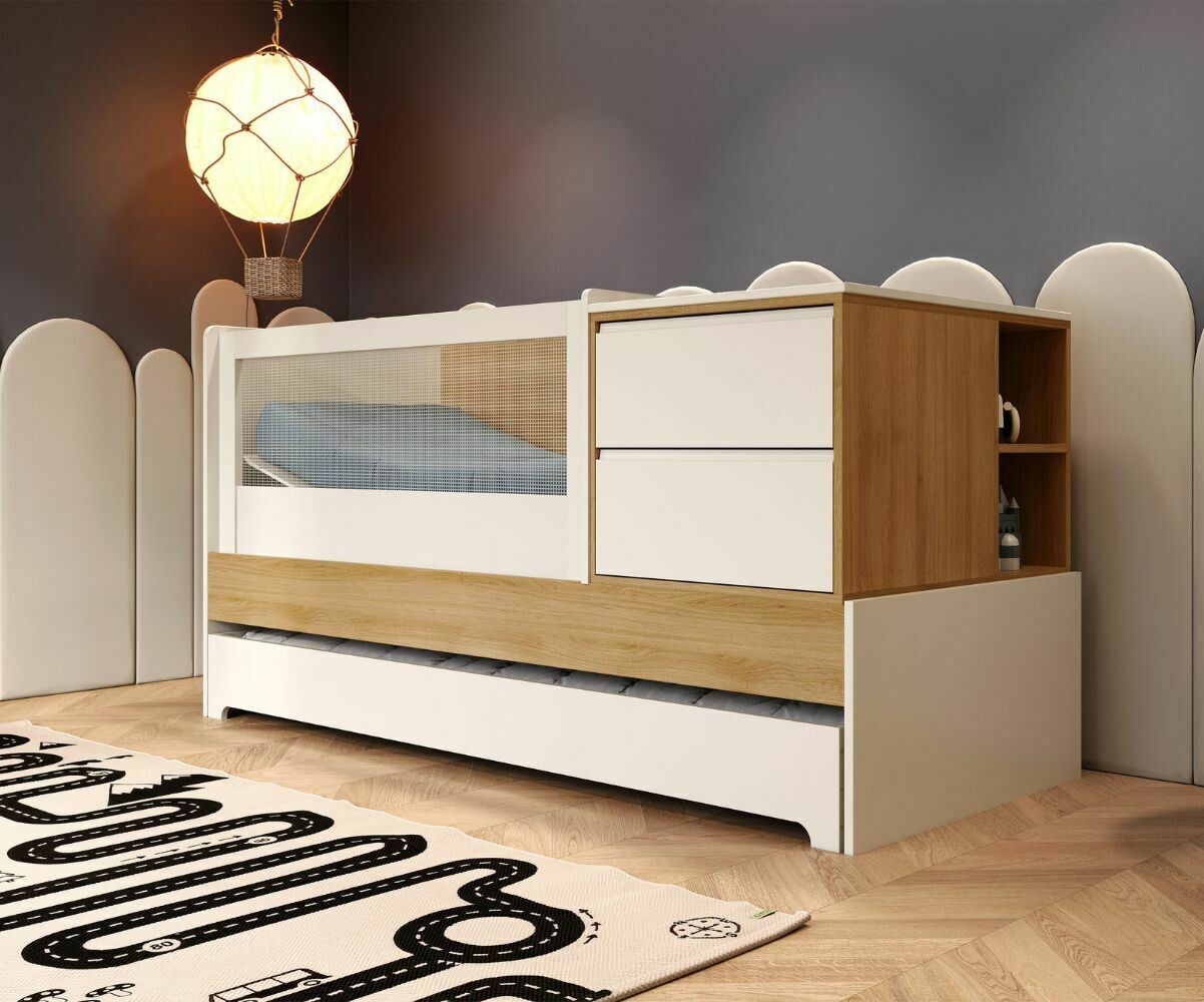 Lit bébé évolutif combiné avec matelas offert Skali Blanc et bois 70x130 cm