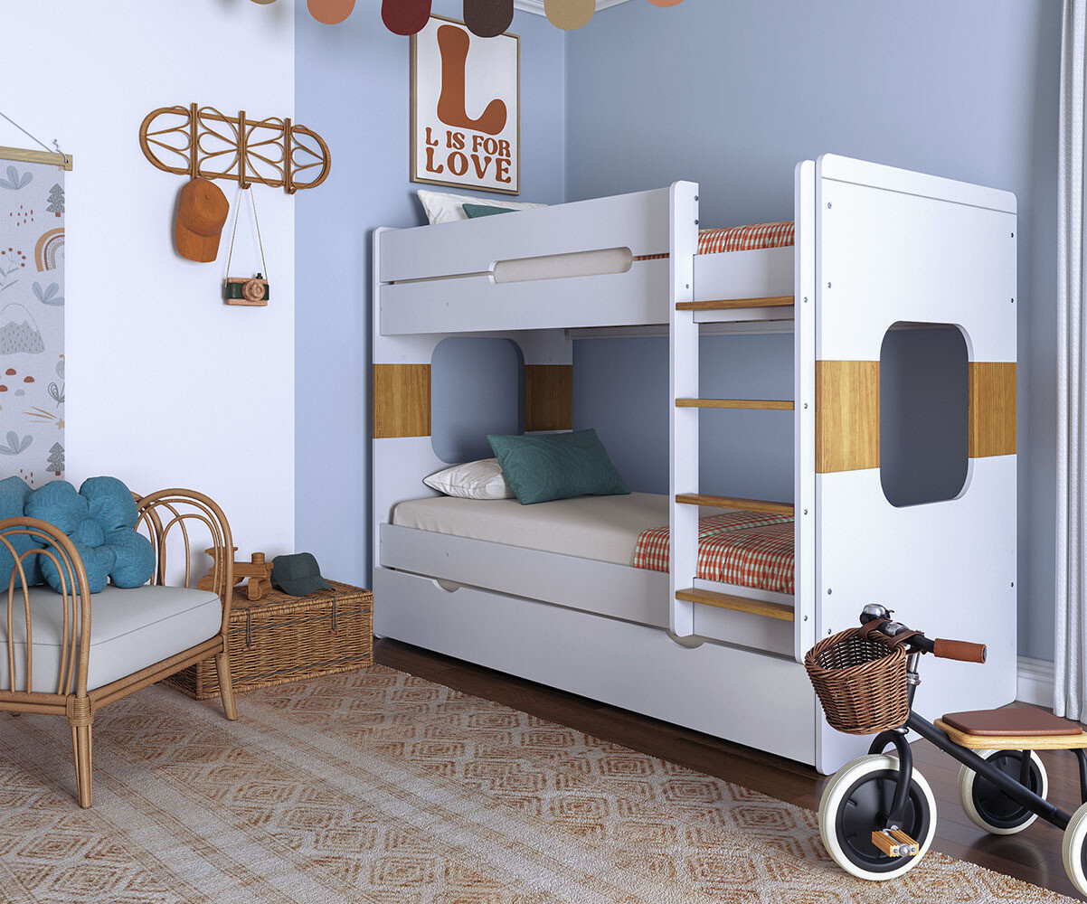 Lit superposé gigogne ado 3 places Spark Blanc et noisette 90x190 cm/Opt:Sommier gigogne blanc