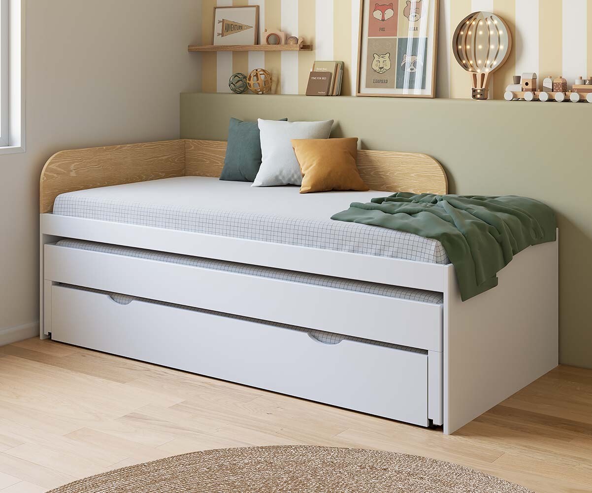 PROMO ! Lit gigogne ado avec tiroir Riza Blanc et bois 90x200 cm