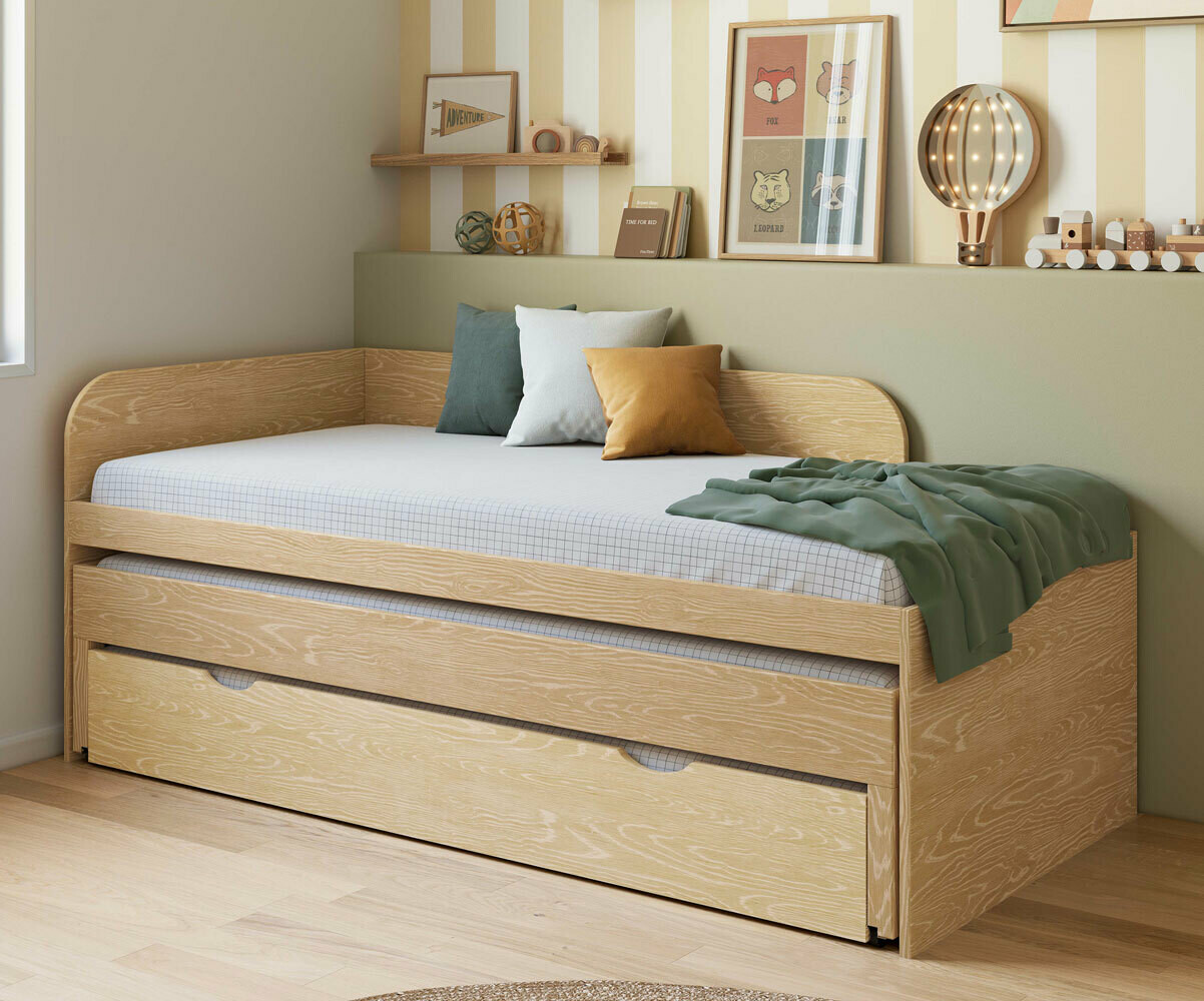 Lit gigogne adulte avec tiroir Riza Bois naturel 90x200 cm