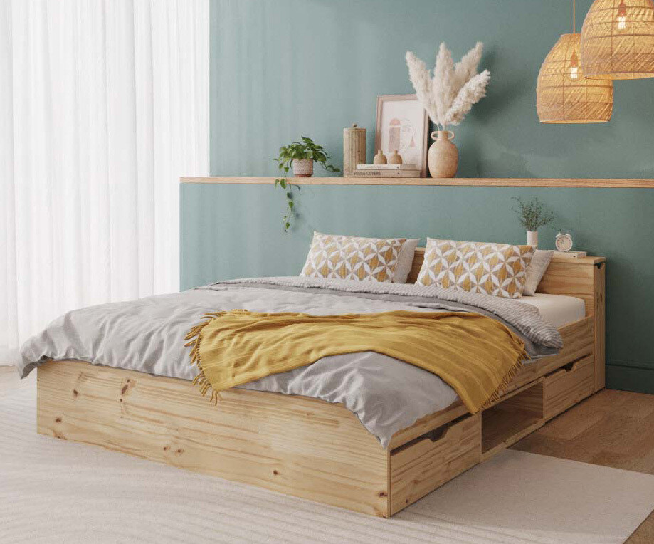 Lit adulte avec sommier, tête de lit rétractable et matelas Niston Bois naturel 160x200 cm/Opt:Avec 2 ensembles tiroirs et niche