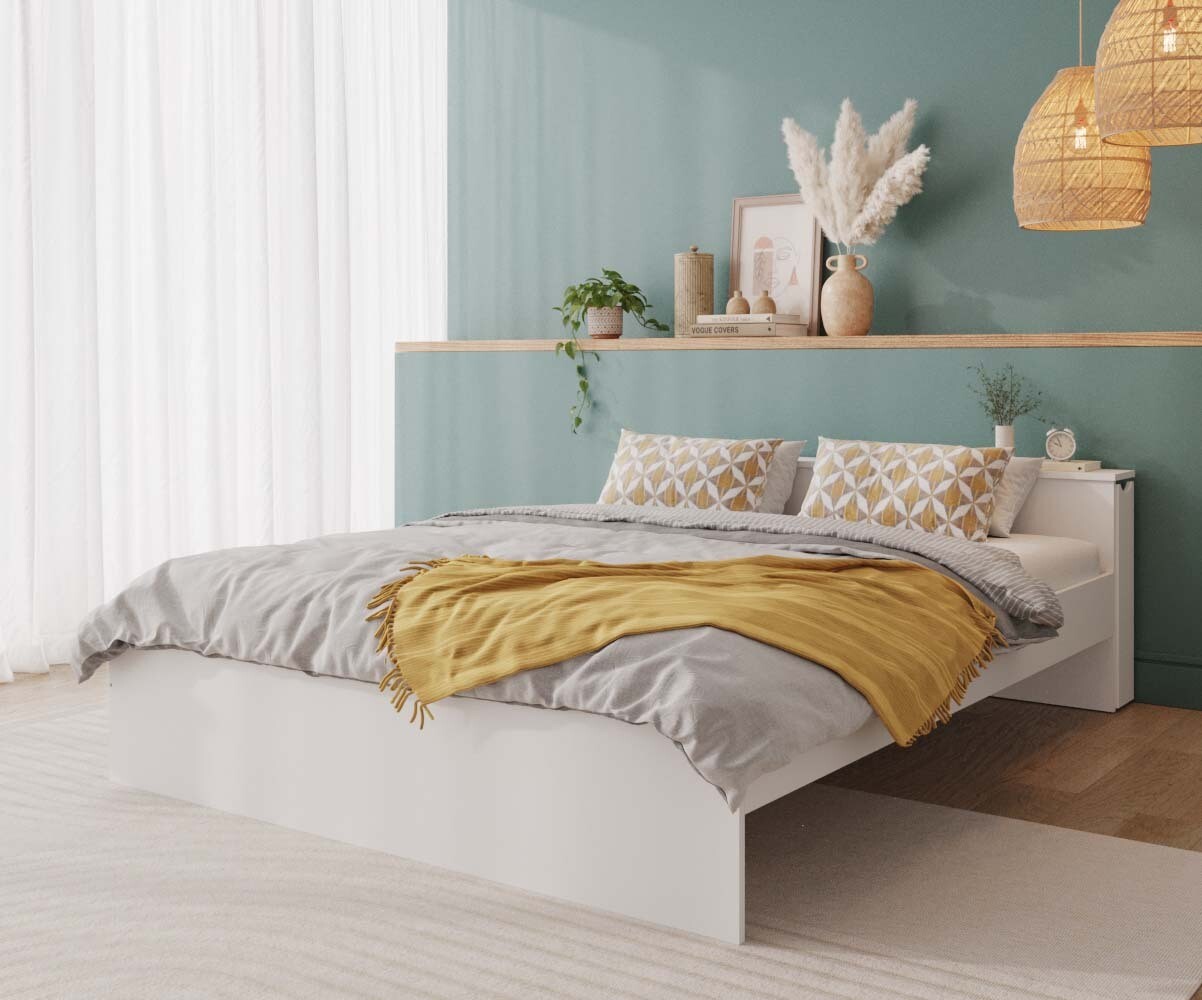 Lit adulte avec sommier, tête de lit rétractable et matelas Niston Blanc 160x200 cm/Opt:Sans rangement