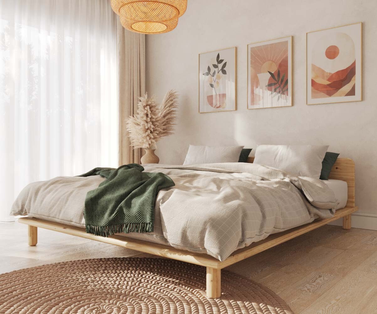 Lit adulte avec sommier et matelas Colay Bois naturel 140x200 cm/Opt:Avec tête de lit