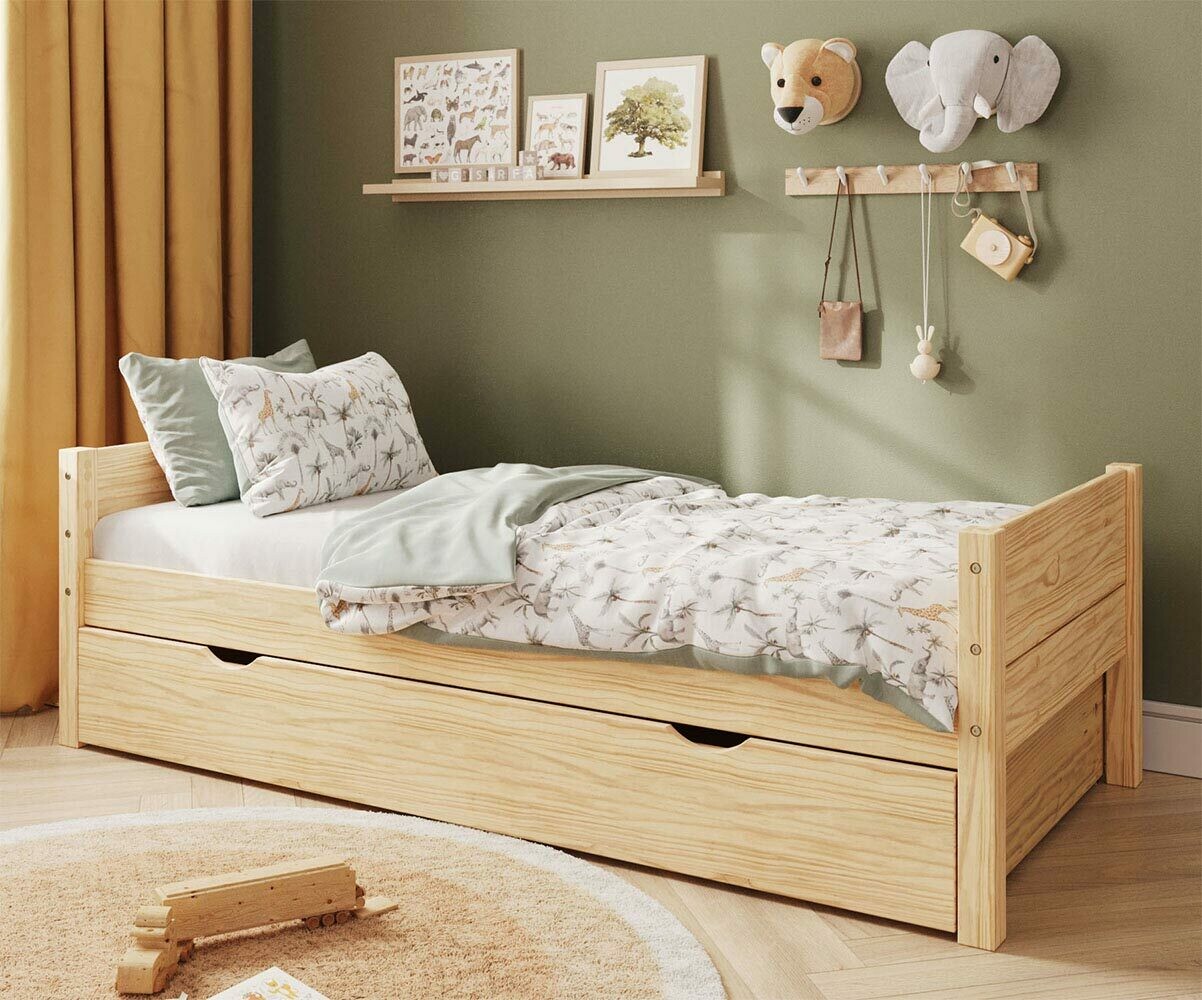 Lit enfant avec tiroir et matelas Combeebed Bois naturel 90x200 cm Sans caches sommier Matelas Airfresh 15 cm