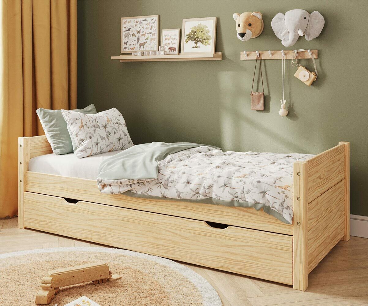 PROMO ! Lit enfant avec tiroir et matelas Combeebed Bois naturel 90x200 cm Avec caches sommier Matelas Norway 13 cm