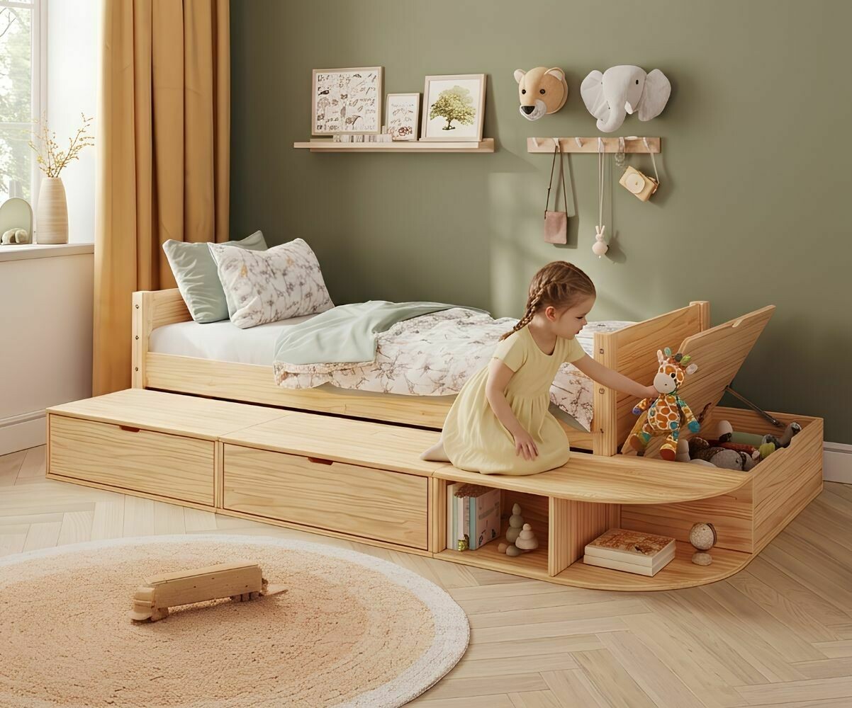 PROMO ! Lit enfant avec estrade et matelas Combeebed Bois naturel 90x200 cm/Opt:Matelas Norway 13 cm