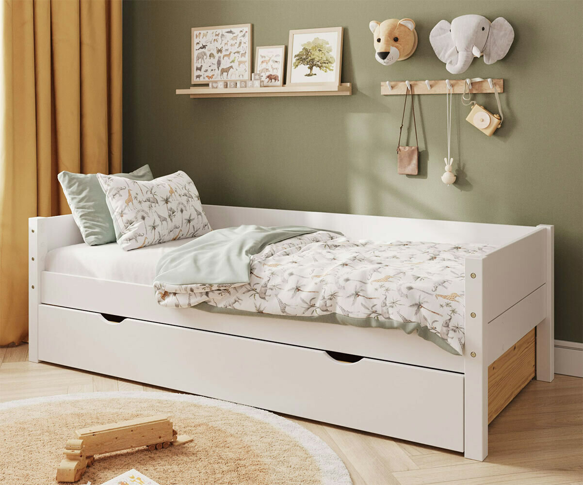 PROMO ! Lit banquette enfant avec tiroir et matelas Combeebed Blanc 90x200 cm Sans caches sommier Matelas Norway 13 cm