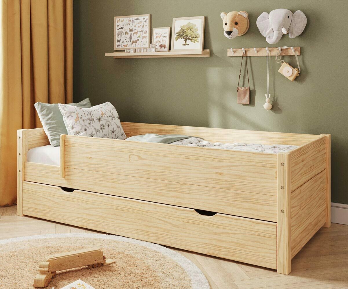 Lit gigogne enfant avec 2 barrières Combeebed Bois naturel 90x200 cm/Opt:Avec caches sommier