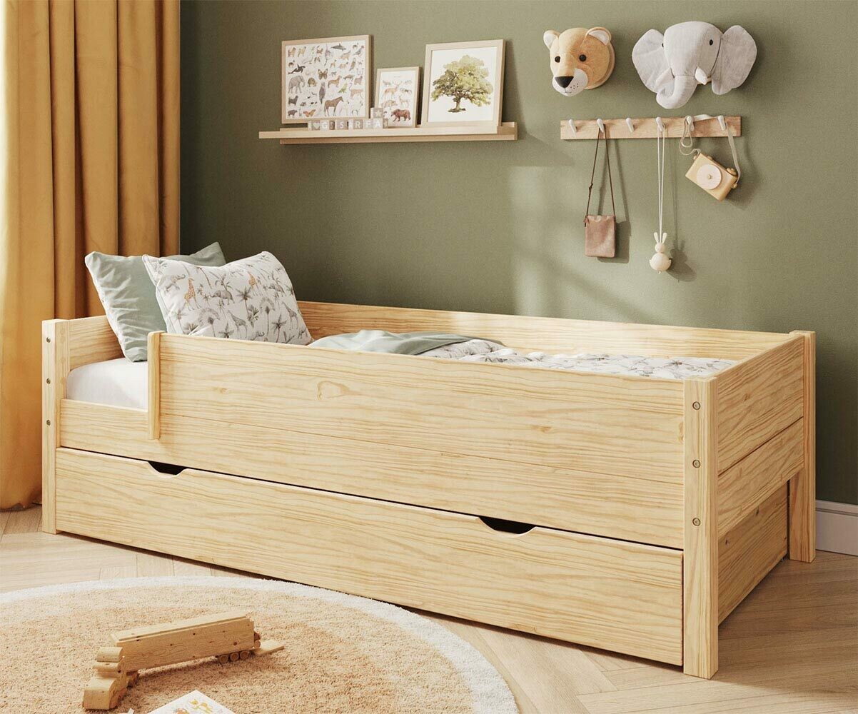 Lit enfant avec 2 barrières, tiroir et matelas Combeebed Bois naturel 90x200 cm Sans caches sommier Matelas Airfresh 15 cm
