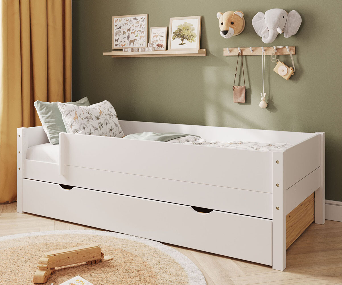 PROMO ! Lit enfant avec 2 barrières, tiroir et matelas Combeebed Blanc 90x200 cm Sans caches sommier Matelas Airfresh 15 cm
